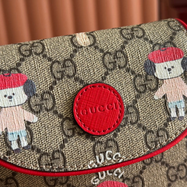 CHILDREN'S PRINTED GG SHOULDER BAG IN BEIGE AND DARK BROWN GG CANVAS RED TRIM