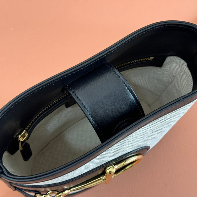 73 SMALL BUCKET BAG 20 IN NATURAL CANVAS AND BLACK CALFSKIN