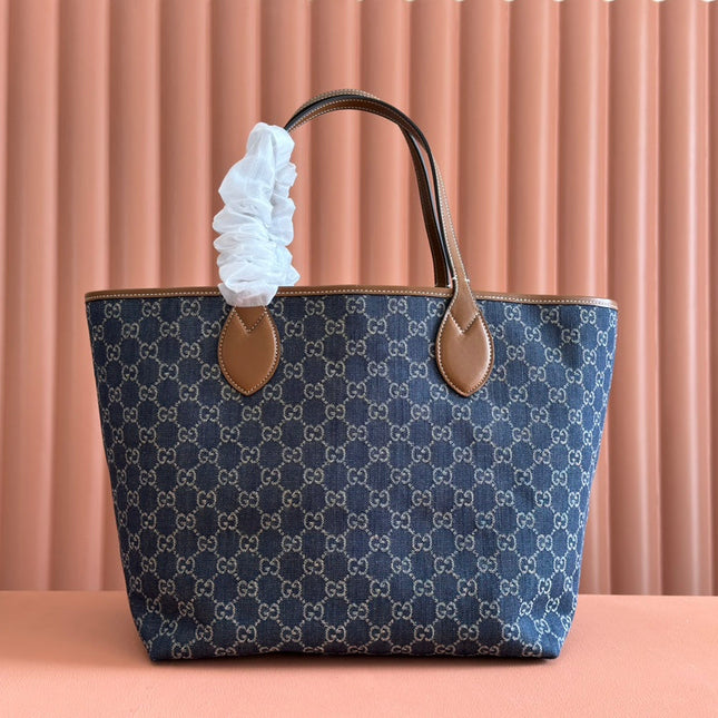 LARGE TOTISSIMA REVERSIBLE TOTE 30.5 IN DARK BLUE DENIM ONE SIDE GREY SUEDE