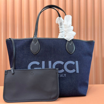 LARGE TOTISSIMA REVERSIBLE TOTE 30.5 IN DARK BLUE DENIM ONE SIDE BEIGE AND BLUE CALFSKIN ON THE OTHER