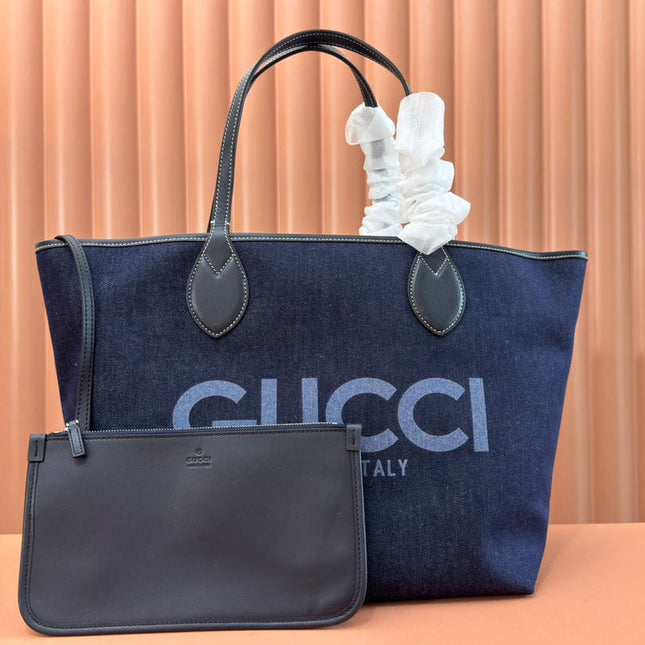 LARGE TOTISSIMA REVERSIBLE TOTE 30.5 IN DARK BLUE DENIM ONE SIDE BEIGE AND BLUE CALFSKIN ON THE OTHER