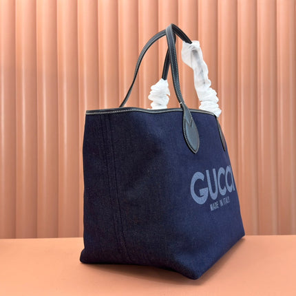 LARGE TOTISSIMA REVERSIBLE TOTE 30.5 IN DARK BLUE DENIM ONE SIDE BEIGE AND BLUE CALFSKIN ON THE OTHER