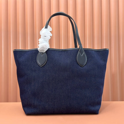 LARGE TOTISSIMA REVERSIBLE TOTE 30.5 IN DARK BLUE DENIM ONE SIDE BEIGE AND BLUE CALFSKIN ON THE OTHER