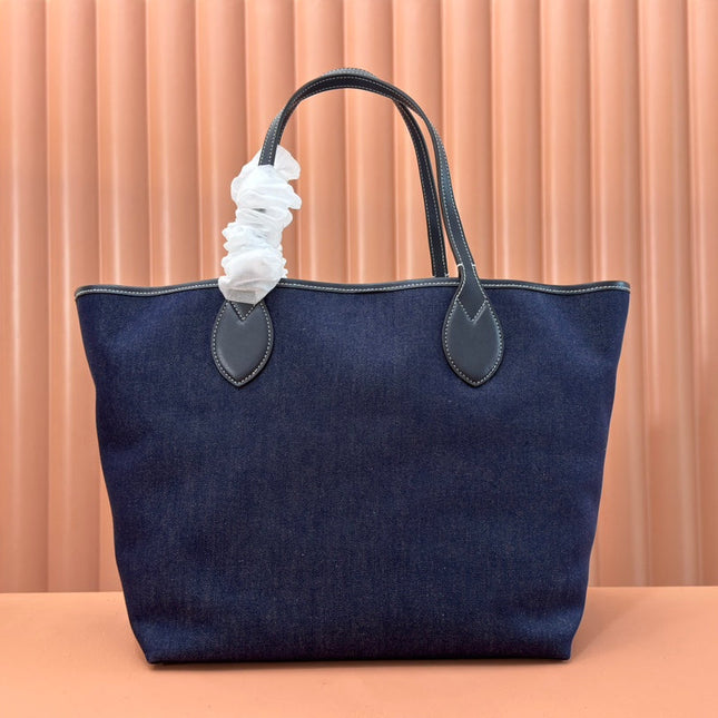 LARGE TOTISSIMA REVERSIBLE TOTE 30.5 IN DARK BLUE DENIM ONE SIDE BEIGE AND BLUE CALFSKIN ON THE OTHER