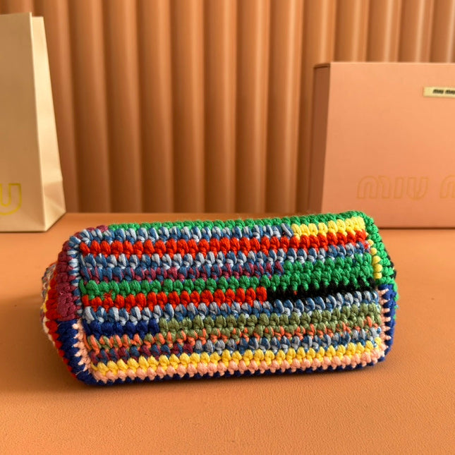 CROCHET SHOULDER BAG 25.5 COLORFUL WOOL WITH BROWN STRAP CALFSKIN