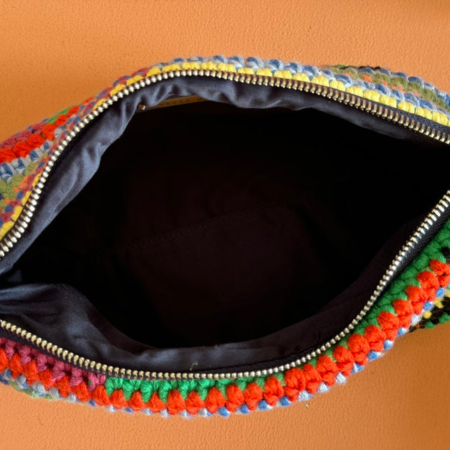 CROCHET SHOULDER BAG 25.5 COLORFUL WOOL WITH BROWN STRAP CALFSKIN