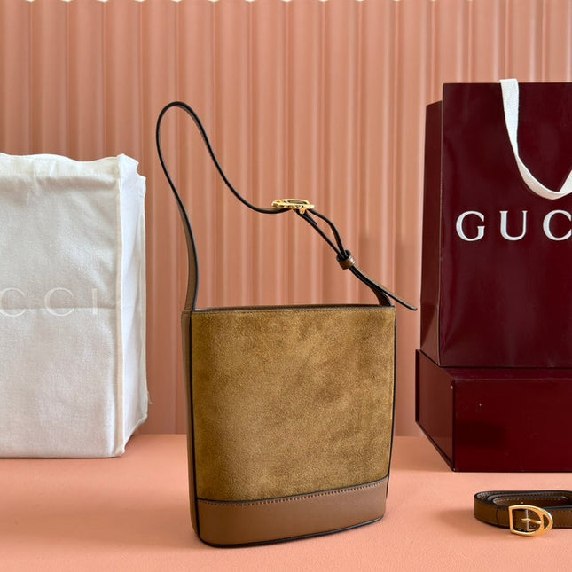 73 SMALL BUCKET BAG 20 IN BROWN SOFT SUEDE AND CALFSKIN