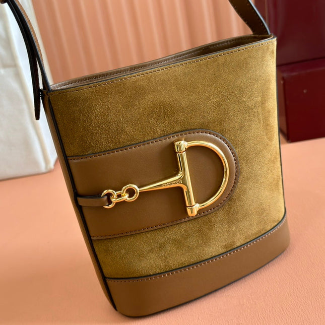 73 SMALL BUCKET BAG 20 IN BROWN SOFT SUEDE AND CALFSKIN