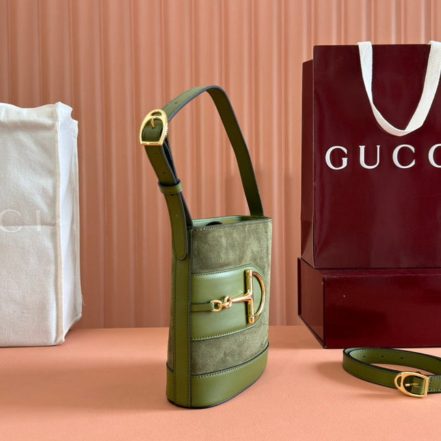 73 SMALL BUCKET BAG 20 IN GREEN SOFT SUEDE AND CALFSKIN