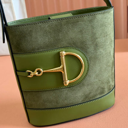 73 SMALL BUCKET BAG 20 IN GREEN SOFT SUEDE AND CALFSKIN