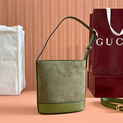 73 SMALL BUCKET BAG 20 IN GREEN SOFT SUEDE AND CALFSKIN