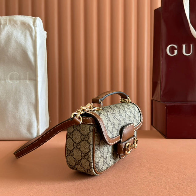 SMALL HORSEBIT 1955 SHOULDER BAG 22.6 IN BEIGE/EBONY GG WITH BROWN CALFSKIN TRIM