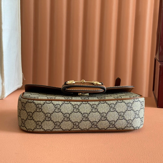 SMALL HORSEBIT 1955 SHOULDER BAG 22.6 IN BEIGE/EBONY GG WITH BROWN CALFSKIN TRIM