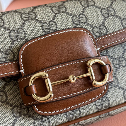 SMALL HORSEBIT 1955 SHOULDER BAG 22.6 IN BEIGE/EBONY GG WITH BROWN CALFSKIN TRIM