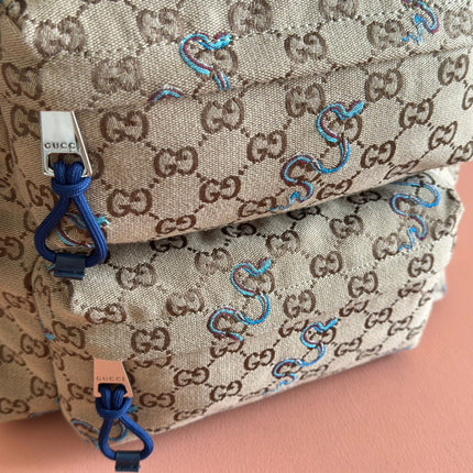 BACKPACK 40 IN BEIGE AND BROWN CANVAS BLUE SNAKE EMBROIDERY