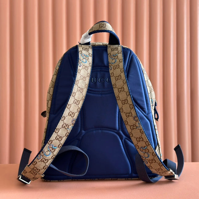 BACKPACK 40 IN BEIGE AND BROWN CANVAS BLUE SNAKE EMBROIDERY