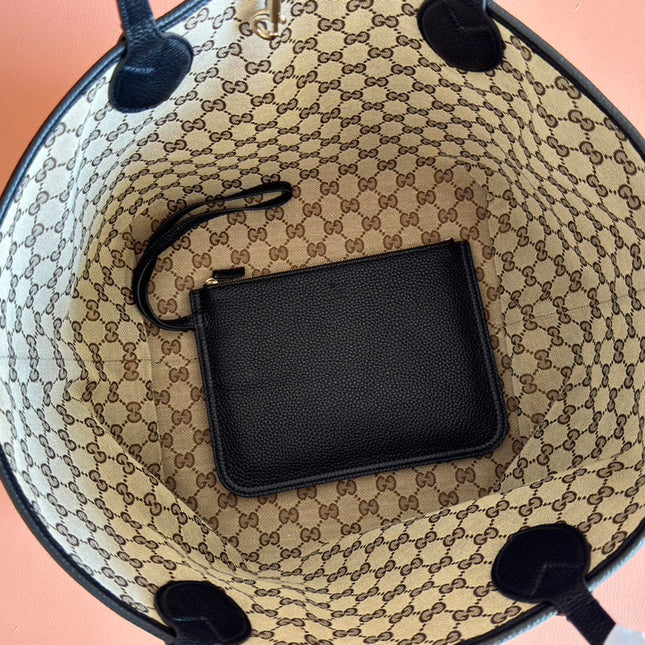 MEDIUM TOTISSIMA REVERSIBLE TOTE BAG 30 IN BLACK CALFSKIN BEIGE AND BROWN GG CANVAS ON SIDE