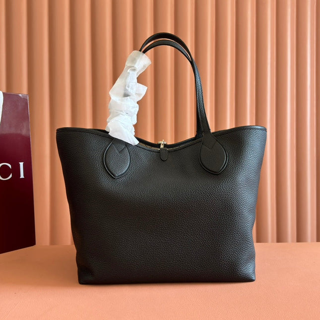 MEDIUM TOTISSIMA REVERSIBLE TOTE BAG 30 IN BLACK CALFSKIN BEIGE AND BROWN GG CANVAS ON SIDE