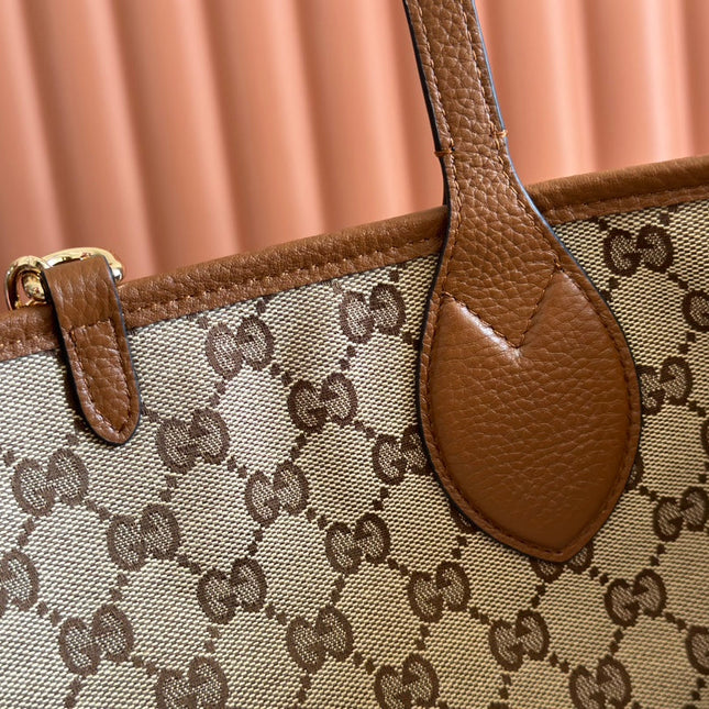 MEDIUM TOTISSIMA REVERSIBLE TOTE BAG 30 IN BROWN CALFSKIN BEIGE AND BROWN GG CANVAS ON SIDE