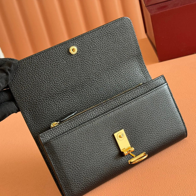 SOFTBIT CONTINENTAL WALLET 19 IN BLACK GRAINY CALFSKIN GOLD HARDWARE