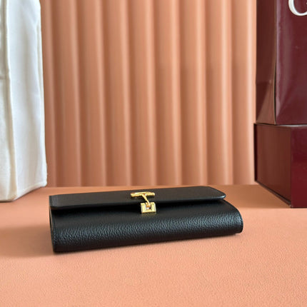 SOFTBIT CONTINENTAL WALLET 19 IN BLACK GRAINY CALFSKIN GOLD HARDWARE