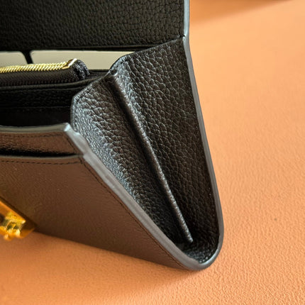 SOFTBIT CONTINENTAL WALLET 19 IN BLACK GRAINY CALFSKIN GOLD HARDWARE