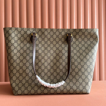 SUPREME MEDIUM TOTE BAG 38 IN BEIGE AND BROWN GG COATED FABRIC BROWN CALFSKIN