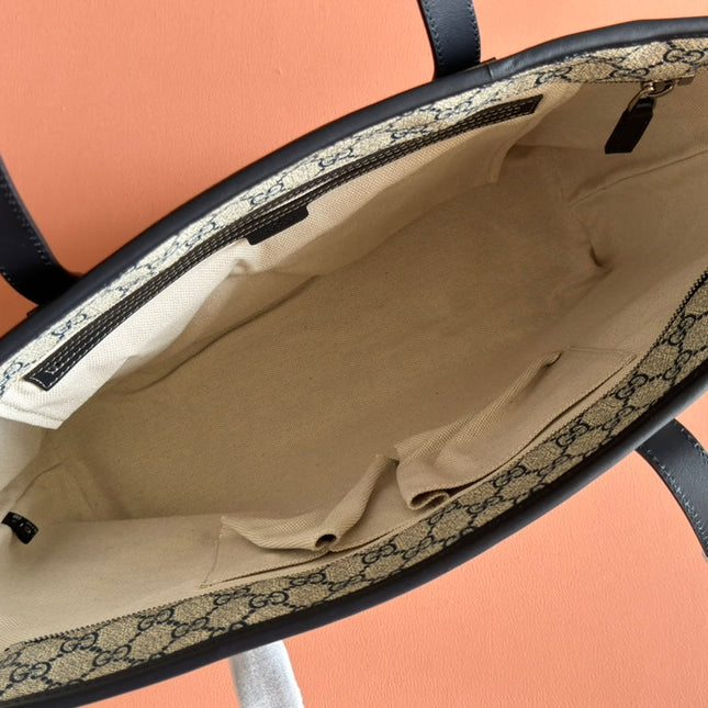 MEDIUM TOTE BAG 38 IN BEIGE AND BROWN GG COATED FABRIC BLACK CALFSKIN