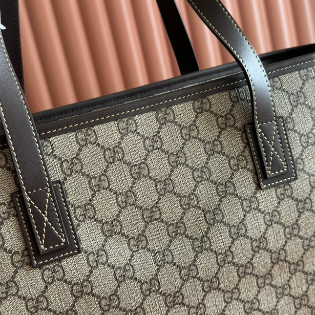 MEDIUM TOTE BAG 38 IN BEIGE AND BROWN GG COATED FABRIC DARK BROWN CALFSKIN