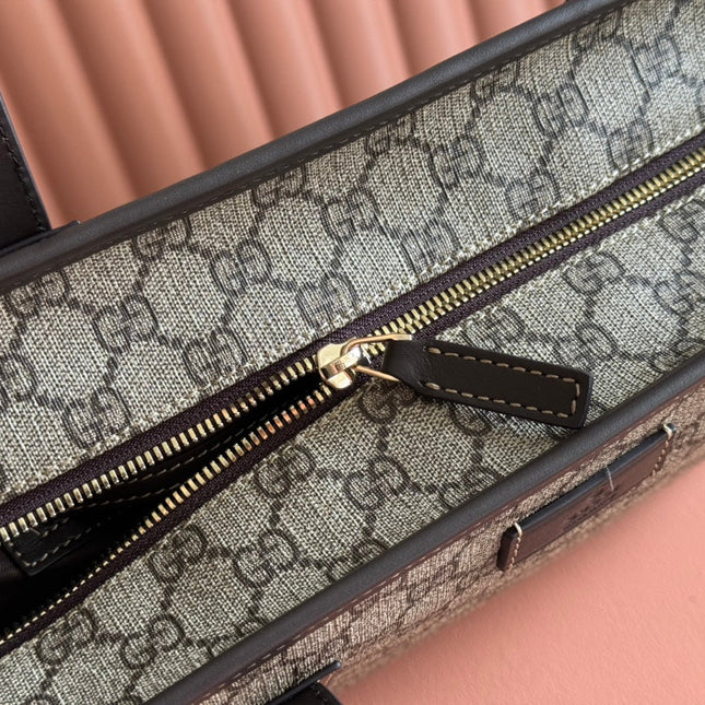 MEDIUM TOTE BAG 38 IN BEIGE AND BROWN GG COATED FABRIC DARK BROWN CALFSKIN