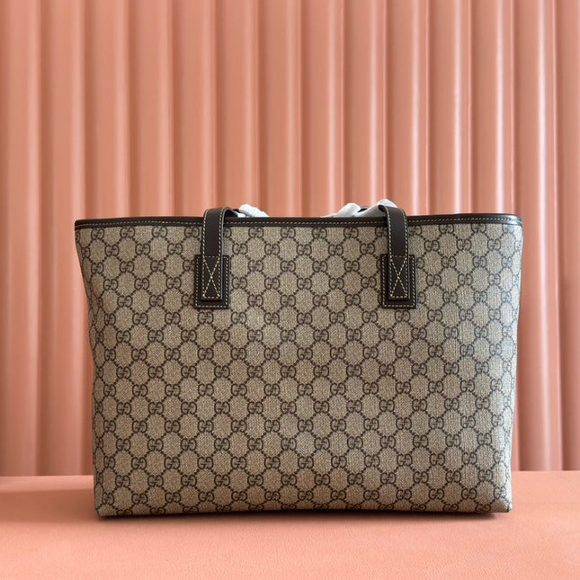 MEDIUM TOTE BAG 38 IN BEIGE AND BROWN GG COATED FABRIC DARK BROWN CALFSKIN