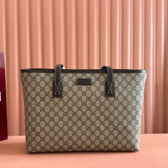 MEDIUM TOTE BAG 38 IN BEIGE AND BROWN GG COATED FABRIC DARK BROWN CALFSKIN