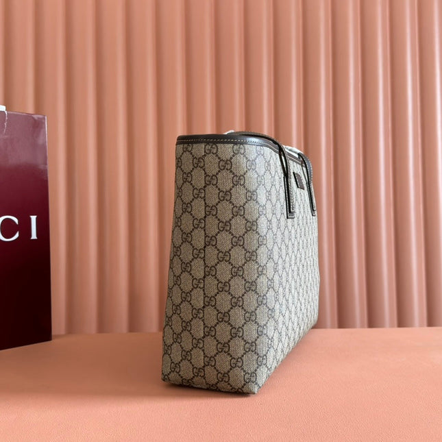 MEDIUM TOTE BAG 38 IN BEIGE AND BROWN GG COATED FABRIC DARK BROWN CALFSKIN