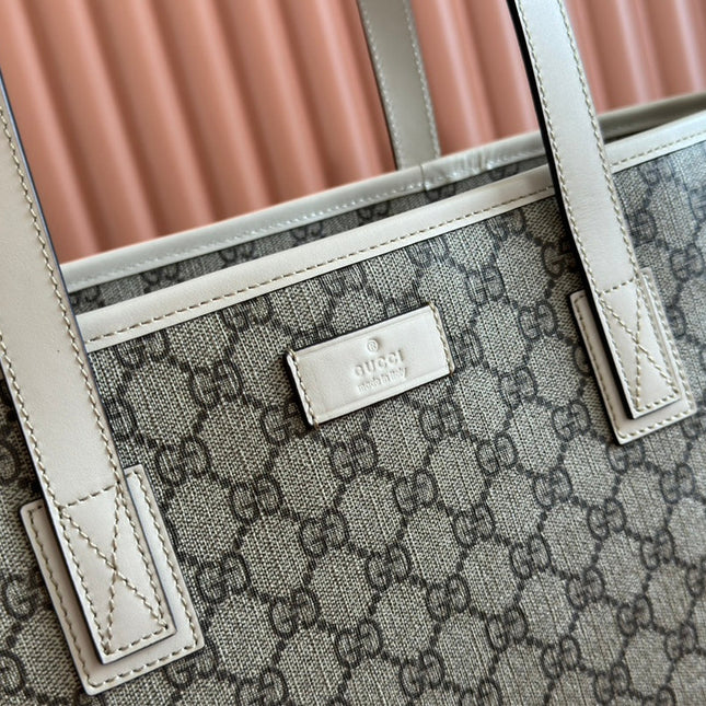 MEDIUM TOTE BAG 38 IN BEIGE AND BROWN GG COATED FABRIC WHITE CALFSKIN