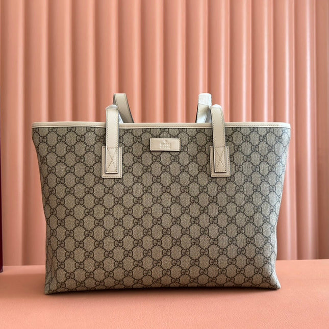 MEDIUM TOTE BAG 38 IN BEIGE AND BROWN GG COATED FABRIC WHITE CALFSKIN