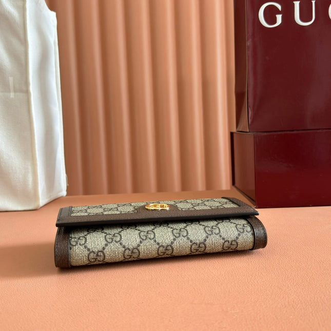 OPHIDIA WALLET ON CHAIN 19 IN BEIGE AND DARK BROWN COATED FABRIC AND CALFSKIN