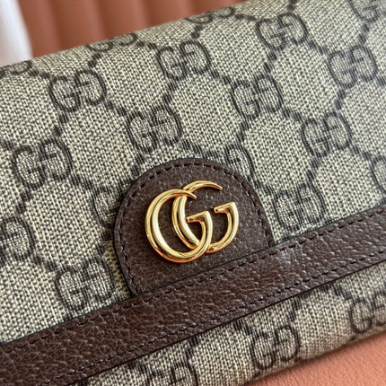 OPHIDIA WALLET ON CHAIN 19 IN BEIGE AND DARK BROWN COATED FABRIC AND CALFSKIN