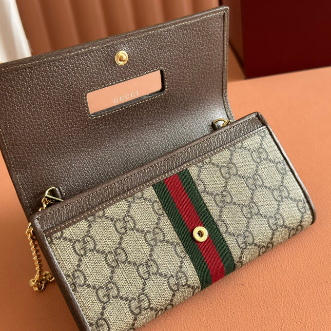 OPHIDIA WALLET ON CHAIN 19 IN BEIGE AND DARK BROWN COATED FABRIC AND BROWN CALFSKIN TRIM