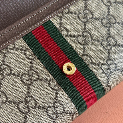 OPHIDIA WALLET ON CHAIN 19 IN BEIGE AND DARK BROWN COATED FABRIC AND BROWN CALFSKIN TRIM