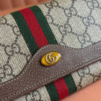 OPHIDIA WALLET ON CHAIN 19 IN BEIGE AND DARK BROWN COATED FABRIC AND BROWN CALFSKIN TRIM