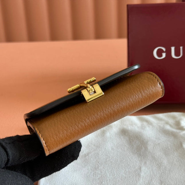 SOFTBIT CARD CASE 10.5 IN BROWN GRAINY CALFSKIN GOLD HARDWARE