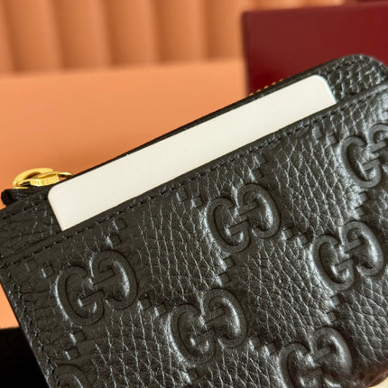 EMBLEM ZIP CARD CASE 13 IN BLACK GG GRAINY CALFSKIN