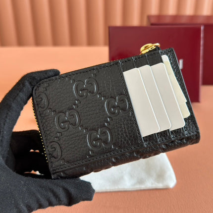 EMBLEM ZIP CARD CASE 13 IN BLACK GG GRAINY CALFSKIN