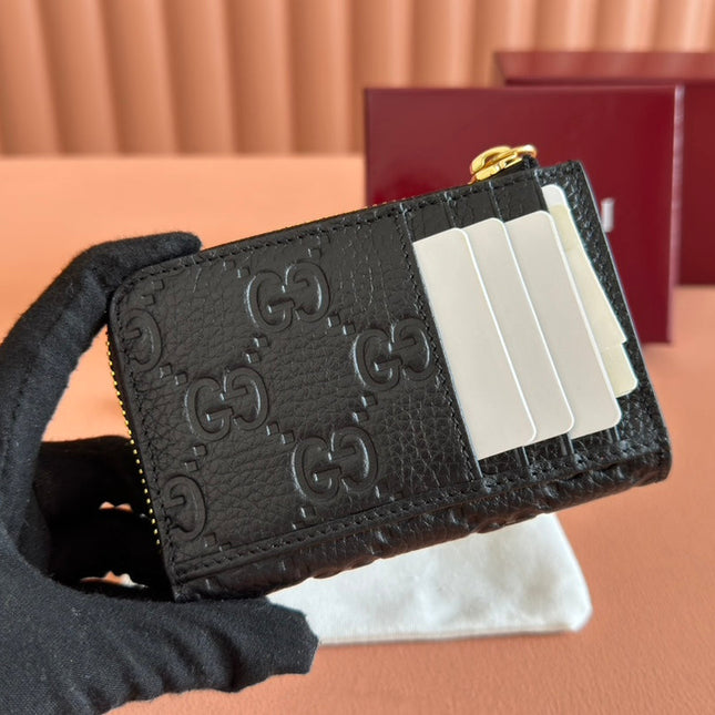 EMBLEM ZIP CARD CASE 13 IN BLACK GG GRAINY CALFSKIN