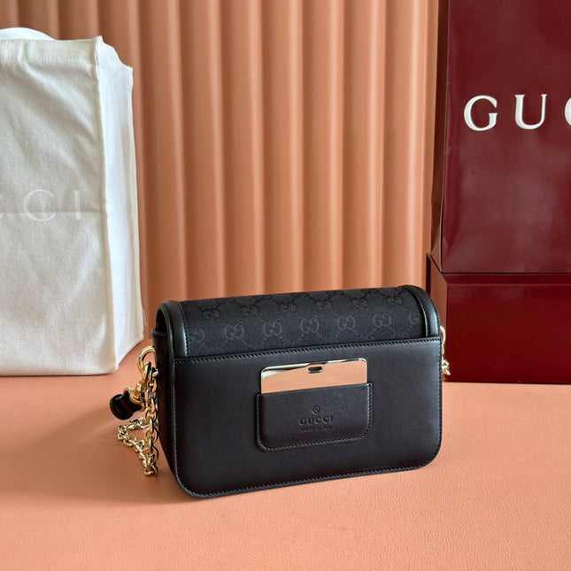 GO SMALL SHOULDER BAG 21.5 IN BLACK GG CANVAS GOLD HARDWARE