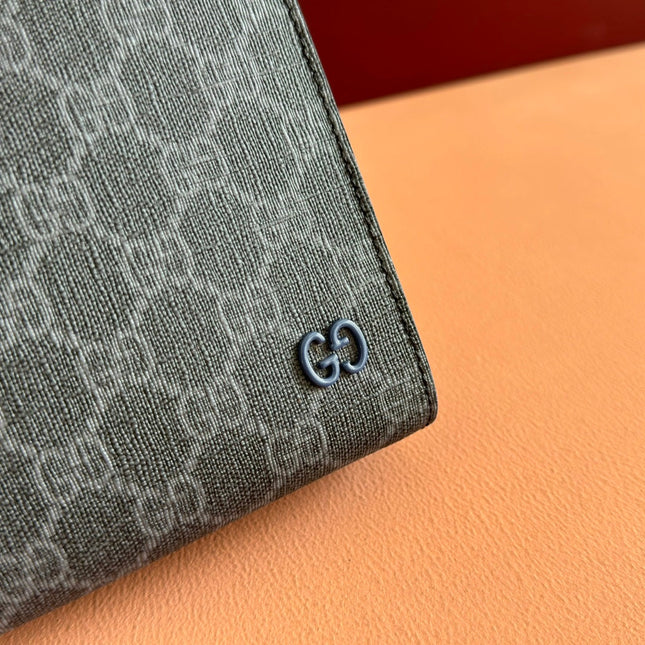 OPHIDIA POUCH 26 IN DARK GREY MONOGRAM CANVAS AND NAVY BLUE CALFSKIN TRIM