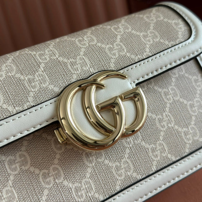 GO SMALL SHOULDER BAG 21.5 IN BEIGE GG CANVAS WHITE CALFSKIN GOLD HARDWARE