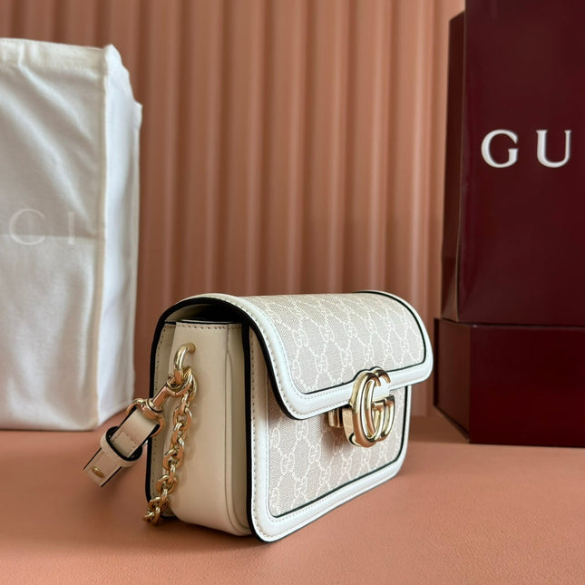 GO SMALL SHOULDER BAG 21.5 IN BEIGE GG CANVAS WHITE CALFSKIN GOLD HARDWARE