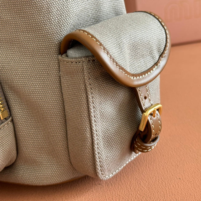 BACKPACK 22 IN GREY CANVAS BROWN CALFSKIN