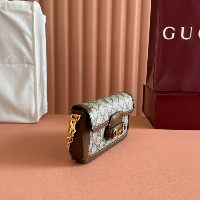 HORSEBIT 1955 SMALL 21.5 IN BEIGE EBONY GG SUPREME BROWN CALFSKIN GOLD HARDWARE